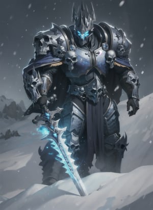 1man, wowdk, glowing blue eyes, skull armor, cape, helmet, planted sword, glowing weapon, snow, ice, night, athletic, volumetric lighting, best quality, masterpiece, realistic,  