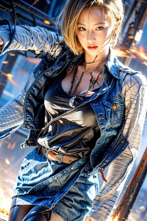 1girl, solo, short hair, blue eyes, skirt, blonde hair, jewelry, jacket, pantyhose, earrings, boots, belt, torn clothes, denim, denim skirt, denim jacket, android 18,Kame Hame Ha, fire, lightning,Android_18_DB