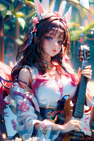 (masterpiece, best quality, highres:1.3), ultra resolution image, far view,(1girl), (solo), sitting ,play electric guitar ,kawaii, green flowing hair, long hair,huge breast:1.8,sakura kimono,lute,cute face, musical, surrounded by music notes, tokyo shinuya street background,(music filling the air:1.5), fantasy, harmony, melody, serene background:1.3),(magical, musical aura:1.3),  , 