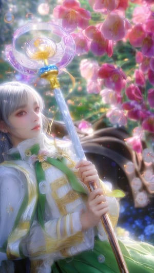 1girl, solo, long hair,silver hair, (green eyes:1.2), looking at viewer, long sleeves, holding, flower, parted lips, striped, petals, capelet,gloden and black and white striped shirt, holding magic wand,(bright colors:1.6), ssyy