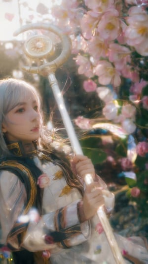 1girl, solo, long hair,silver hair, looking at viewer, long sleeves, holding, flower, parted lips, striped, petals, capelet, staff, striped shirt, holding magic wand,(bright colors:1.6), ssyy