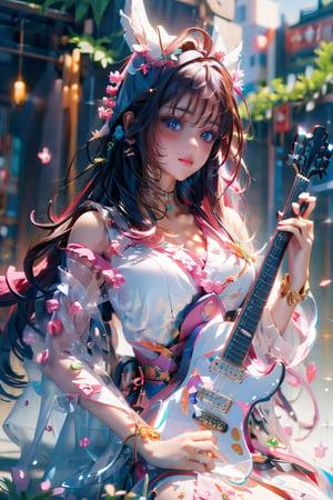 (masterpiece, best quality, highres:1.3), ultra resolution image, far view,(1girl), (solo), sitting ,play electric guitar ,kawaii, green flowing hair, long hair,huge breast:1.8,sakura kimono,lute,cute face, musical, surrounded by music notes, tokyo shinuya street background,(music filling the air:1.5), fantasy, harmony, melody, serene background:1.3),(magical, musical aura:1.3),  , 