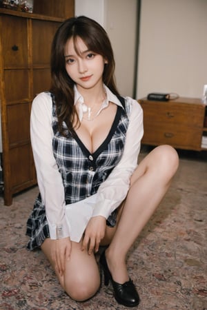 1girl, solo,(nsfw:1.5), looking at viewer, smile, skirt, brown hair, (Unbutton the shirt:1.5), ( deep cleavage:1.5),Large breasts,  shoes, plaid, cosplay, plaid skirt, squatting, realistic, photo inset, deep photo, Superia 400, shadows, perfect face and body, dark, grainy, FilmGirl, real breasts, skinny body,