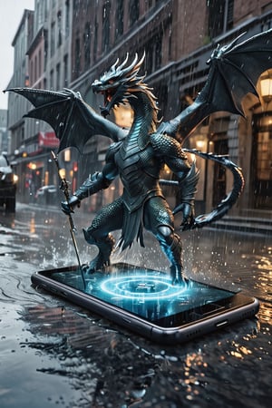 3D digital hologram,A smatphone placed flat on a table,  a warrior with a spear is battling a dragon,(emerging from a smartphone:1.5), out of smartphone, all this happens on a street flooded by rainwater.