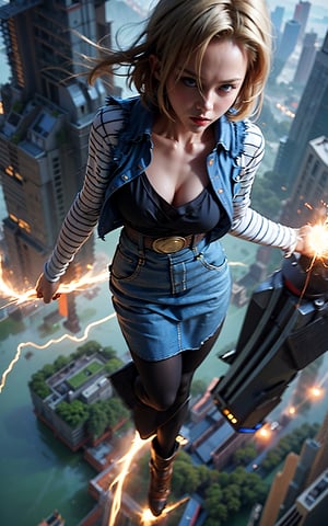 masterpiece, ultra realistic, 8K, Android_18_DB, full body, denim skirt, pantyhose, face focus, blond hair, look afar, top-down view,no gravity, she is weightlessness and flying through the buildings, cityscape, superwoman position,lighting, dramatic ball lightning between hands, thunder rings