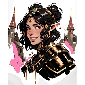 (best quality, masterpiece), portrait of a young elf woman, strong, masculine, straight black hair with a bun. large face. strong girl. giant nose. nose disproportionately larger. black eyes. a kind smile. photography, medieval armor. cinematic light, looking to the side off camera, backlight pink glow, pink, gold_(metal), mist, by mikhail vrubel, by philippe druillet, by peter elson, by gerald brom, by Richard Alan Schmid, muted colors, extreme detail. in the background there is a castle,inksketch, good person, godess of love, french nose, cascina caradonna,RedHoodWaifu,Endsinger,EnvyBeautyMix23