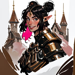 (best quality, masterpiece), portrait of a young elf woman, strong, masculine, straight black hair with a bun. large face. strong girl. giant nose. nose disproportionately larger. black eyes. a kind smile. photography, medieval armor. cinematic light, looking to the side off camera, backlight pink glow, pink, gold_(metal), mist, by mikhail vrubel, by philippe druillet, by peter elson, by gerald brom, by Richard Alan Schmid, muted colors, extreme detail. in the background there is a castle,inksketch, good person, godess of love, french nose, cascina caradonna,RedHoodWaifu,Endsinger,EnvyBeautyMix23