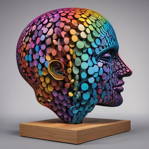 large multi colour (human head) sculpture on table, in the style of sketchfab, color gradients, collecting and modes of display, metallic rotation, craftcore, wood, spiral group, background is black
