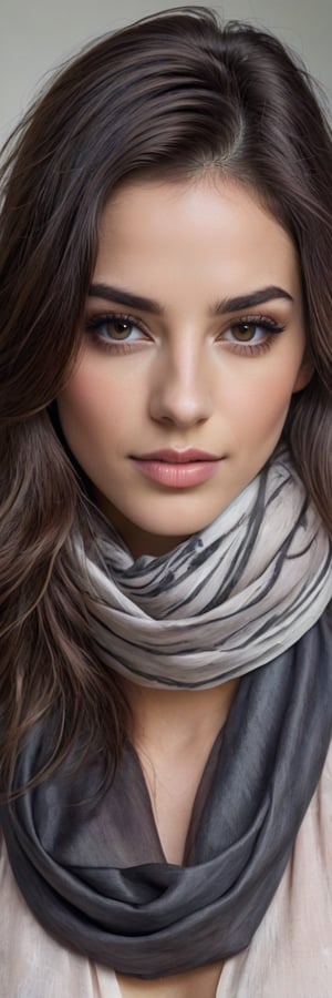 Hyper realistic image of a 25-year-old Mediterranean beauty, her dark chestnut hair flowing freely, adorned with a slender silk scarf. Her deep hazel eyes are highlighted by subtle smoky makeup, and her full, rose-tinted lips part slightly in a whisper of a smile. The portrait captures her in a minimalist style, with bold charcoal lines and splashes of watercolor in earthy tones