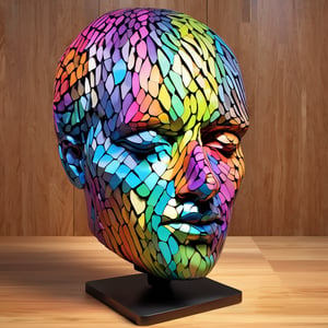 large multi colour (human head) sculpture on table, in the style of sketchfab, color gradients, collecting and modes of display, metallic rotation, craftcore, wood, spiral group, background is black
