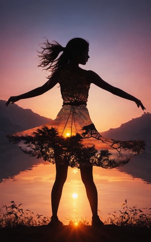 (masterpiece, best quality:1.2), 1girl, solo,standing_split, Silhouette Art of 1girl, multiple exposure, sunset, enhance, intricate, (best quality, masterpiece, Representative work, official art, Professional, unity 8k wallpaper)
