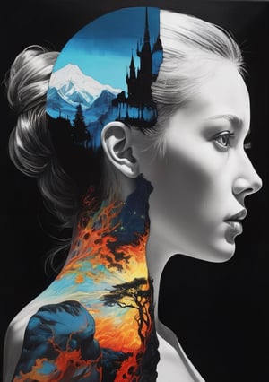 the visualization of the duality of light and love, dreamscape in an astral mind,(double exposure:1.3) effect of (fascinating female body:1.2) portrait silhouette,superimposed against night sky by Conrad Roset,Brandon Kidwell,Andreas Lie,Dan Mountford,Agnes Cecile,Jeremy Mann,oil and ink canvas,fine art,super dramatic light,photoillustration,amazing depth,hyperdetailed,iridescent gold,redundant dreams,evolution of creativity,intricate detailed,amazing depth,stunning atmosphere,mesmerizing whimsical vibrant scenery,maximalism (Beautiful Outside, Ugly Inside, Stress and Pain, Beauty and Despair, Hard and Soft, Positive and Negative, Hot and Cold, Sweet and Sour, Vibrant and Dull, Perfect Harmony, Light and Dark, Hot and Cold, Old and Young, Fire and Ice, Yin and Yang, Opposites, Black and white, Hot and Cold, Organic and Mechanical, Corresponding colors, Loud and Quiet, Chaos and Peace,  Night and Day:1.1) complex masterwork by head of prompt engineering  
,More Detail,leonardo,EpicArt,High detailed ,shinkawa youji