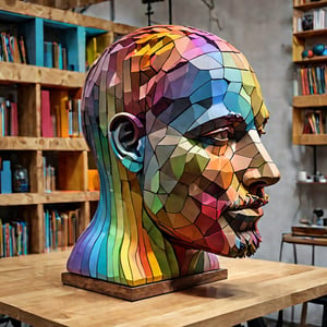 large multi colour (human head) sculpture on table, in the style of sketchfab, color gradients, collecting and modes of display,  craftcore, wood, 
