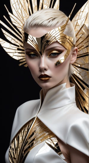 Portrait of a contemporary young woman, blonde hair styled in a sleek, avant-garde updo, adorning a pristine white haute couture dress with daring cuts and bold gold leaf accents. She sports a fragmented porcelain mask, the cracks filled with shimmering gold, invoking a rebellious spirit. The mask covers half of her face, enhancing her intense, serious gaze that challenges the viewer. The background is a void of deep shadows, with a single source of dramatic light casting a luminous glow on her, highlighting the metallic sheen and architectural silhouette of her attire. This fashion-forward portrayal juxtaposes her classical beauty with an edgy, provocative aura in a modern artistic expression,skpleonardostyle