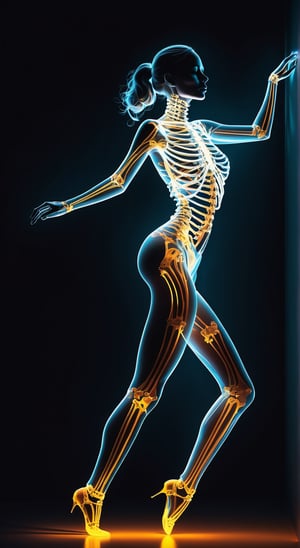 Translucent Visibility, An abstract digital illustration of a woman figure with substance skin and a visible skeleton, captured in a within a dark, enclosed space that suggests mystery and isolation. The skeleton glows with a stark neon outline, contrasting dramatically against the dark, semi-transparent skin. This composition exudes a dramatic and cinematic atmosphere, with focused lighting casting deep shadows and highlighting the movement and fluidity of the dance. The environment, though minimalistic, enhances the sense of a personal and intense moment, rendered in high-quality digital art style.