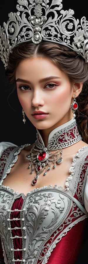 An ornate automatonupperbody, girl 19 yo, baroque embellishments, delicate filigree, silver and crimson accents, high-resolution, regal mechanical complexity, intricate silver textures.