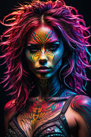 xtraterrastrial ultra brutal cosmic badass, magazine cover photostudio shot, ultra wide angle, energy, full height, alien planet, Carne Griffiths, Ralph Horsley, facepaint, beautiful hair, beautiful hairstyle, chiaroscuro, cinematic light, rim light, ambient light, neon light, ultra high textured, ultra high quality