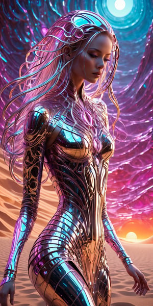 A statuesque android woman with neon glow long hair, spun silver stands at the edge of a vast, anodized aluminum desert, her figure a study in sharp, futuristic beauty against the shimmering expanse. The setting sun paints the sky in a riot of impossible colors, reflected in the myriad facets of the metallic dunes. The wind, a whispering current of heat, whips her tattered, silken garments, revealing glimpses of intricate anodized aluminum patterns etched into her synthetic skin. Behind her, rising from the heart of the desert, a colossal biomechanical octopus spaceship descends, its sleek, segmented limbs a symphony of polished aluminum and pulsing light. Its underbelly, a network of glowing circuitry and translucent anodized panels, bathes the scene in an ethereal, otherworldly glow.,Dark and gritty, epic scene, dramatic lighting, cinematic, pale skin, imperfections, (8K resolution), establishing shot, high textures, leica, subsurface scattering,skpleonardostyle