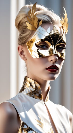 Portrait of a contemporary young woman, blonde hair styled in a sleek, avant-garde updo, adorning a pristine white haute couture dress with daring cuts and bold gold leaf accents. She sports a fragmented porcelain mask, the cracks filled with shimmering gold, invoking a rebellious spirit. The mask covers half of her face, enhancing her intense, serious gaze that challenges the viewer. The background is a void of deep shadows, with a single source of dramatic light casting a luminous glow on her, highlighting the metallic sheen and architectural silhouette of her attire. This fashion-forward portrayal juxtaposes her classical beauty with an edgy, provocative aura in a modern artistic expression.