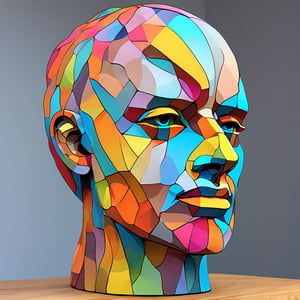 large multi colour (human head) sculpture on table, in the style of sketchfab, color gradients, collecting and modes of display,  craftcore, wood, 
