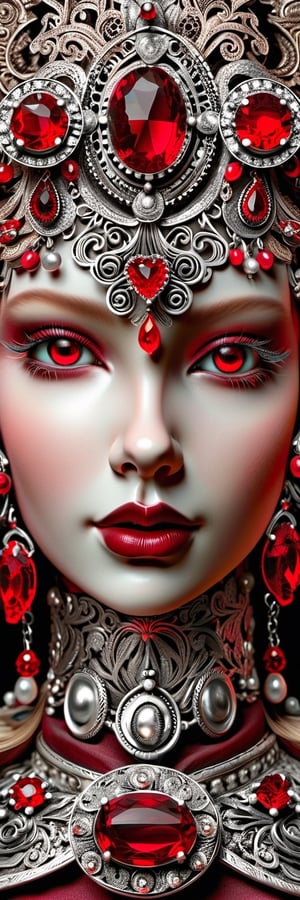An ornate automaton closeup face, girl 19 yo, baroque embellishments, delicate filigree, silver and crimson accents, high-resolution, regal mechanical complexity, intricate silver textures.