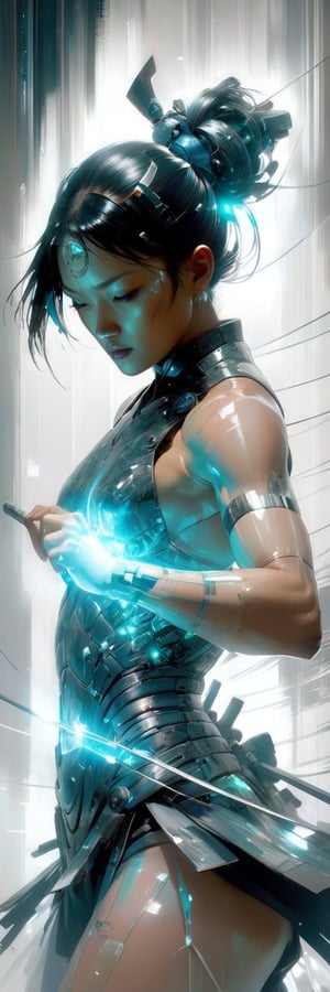 Cyborg woman Moa Kikuchi, transparent body, fractured, muscles torn, captured in a digital painting  styles of Jeremy Mann, transparent cinematic hologram, internal glow showcasing muscle tissue, nerves, resembling a gynoid with the whimsy of Samurai and mythical charm, Makoto Shinkai's layer of depth
,crystal_clear,SelectiveColorStyle