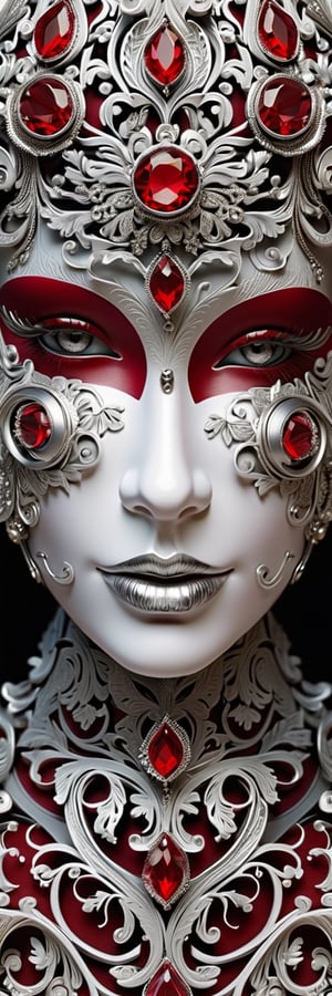 An ornate automaton face, baroque embellishments, delicate filigree, silver and crimson accents, high-resolution, regal mechanical complexity, intricate silver textures.