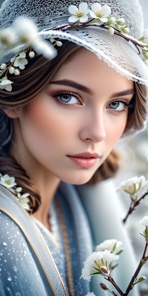 A serene portrait wrapped in delicate frost and white flowers, closeup portrait, high-resolution, soft focus, whispers of mist, and an air of tranquil winter's magic.