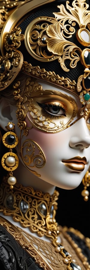 An ornate automaton closeup face, girl 19 yo, baroque embellishments, delicate filigree, gold and obsidian  accents, high-resolution, regal mechanical complexity, intricate gold and obsidian textures.