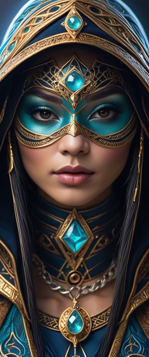 Full facial mask on a hooded female magician warrior adorned with asymmetric designs,macro photo of miki asai, interwoven arcane and illuminati symbols including Eye of Horus, vibrant hues, hyperdetailed, elaborate craftsmanship, mysterious aura, digital painting, digital illustration, extreme detail, 4k, ultra HD.
