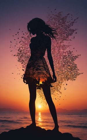 (masterpiece, best quality:1.2), 1girl, solo,standing_split, Silhouette Art of 1girl, multiple exposure, sunset, enhance, intricate, (best quality, masterpiece, Representative work, official art, Professional, unity 8k wallpaper)
