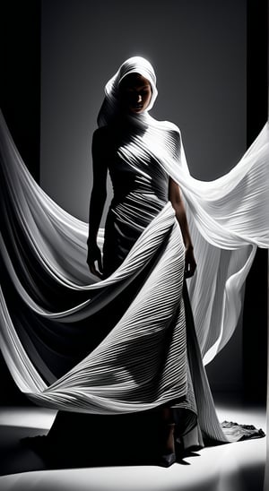 Split Lighting style,A modern artistic photograph of a woman, enveloped by an array of sweeping, flowing fabrics. This image captures the essence of contemporary art photography with a strong emphasis on light, shadow, and high contrast. adds a sense of mystery and anonymity, while the dynamic arrangement of the fabrics creates a sense of movement and fluidity. The photograph uses a monochrome color scheme to focus on the dramatic interplay of light and dark, highlighting the delicate textures and patterns of the fabrics against the woman's obscured face.
