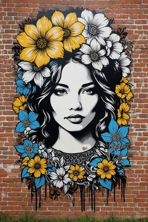 woman, flowers, stencil art, style Shepard Fairey, highly detailed, brick wall, white black blue yellow