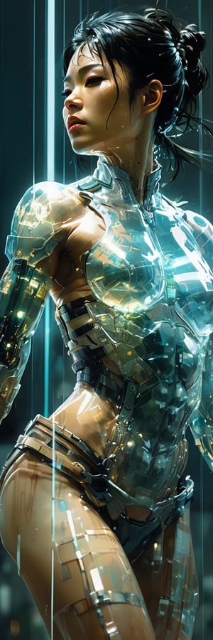 Cyborg woman Moa Kikuchi, transparent body, fractured, muscles torn, captured in a digital painting  styles of Jeremy Mann, transparent cinematic hologram, internal glow showcasing muscle tissue, nerves, resembling a gynoid with the whimsy of Samurai and mythical charm, Makoto Shinkai's layer of depth
