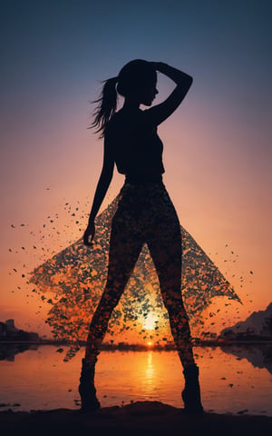 (masterpiece, best quality:1.2), 1girl, solo,standing_split, Silhouette Art of 1girl, multiple exposure, sunset, enhance, intricate, (best quality, masterpiece, Representative work, official art, Professional, unity 8k wallpaper)
