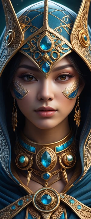 Full facial mask on a hooded female magician warrior adorned with asymmetric designs,macro photo of miki asai, interwoven arcane and illuminati symbols including Eye of Horus, vibrant hues, hyperdetailed, elaborate craftsmanship, mysterious aura, digital painting, digital illustration, extreme detail, 4k, ultra HD.