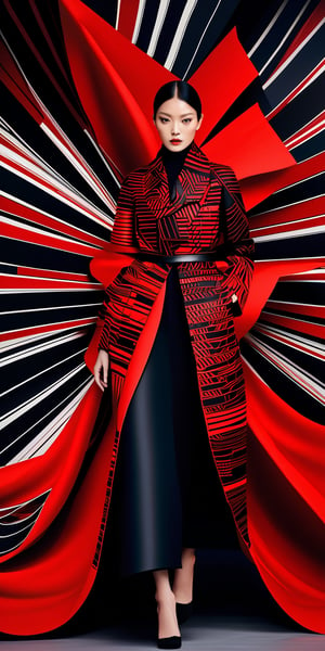 This fashion piece is where traditional Japanese aesthetics meet the futuristic vision of Metabolism, creating a bold statement of adaptability and change.woman, Art inspired by [Kenzo Tange | Kisho Kurokawa | Fumihiko Maki | Arata Isozaki | Hiroshi Hara | Toyo Ito] in the style of (futuristic, modular, bold colors, organic, adaptable, red and black palette, innovative, dynamic, structural, artistic, modern, bold, unique, sophisticated, visionary, chic, impactful, expressive, sleek, creative).