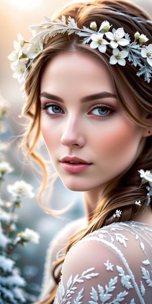 A serene portrait wrapped in delicate frost and white flowers, closeup portrait, high-resolution, soft focus, whispers of mist, and an air of tranquil winter's magic.