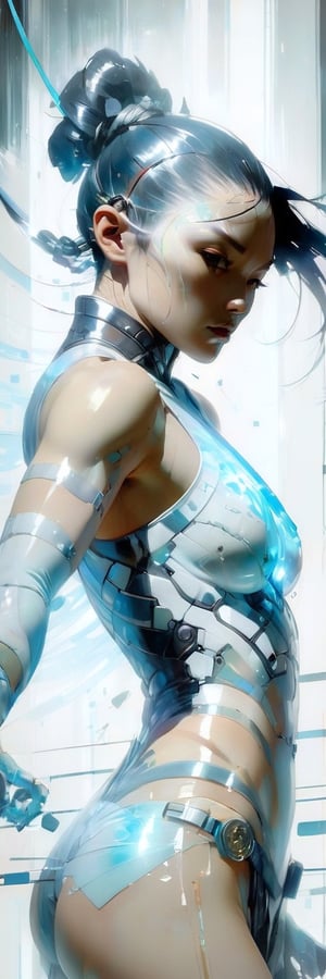 Cyborg woman Moa Kikuchi, transparent body, fractured, muscles torn, captured in a digital painting  styles of Jeremy Mann, transparent cinematic hologram, internal glow showcasing muscle tissue, nerves, resembling a gynoid with the whimsy of Samurai and mythical charm, Makoto Shinkai's layer of depth
,crystal_clear,SelectiveColorStyle,art_booster