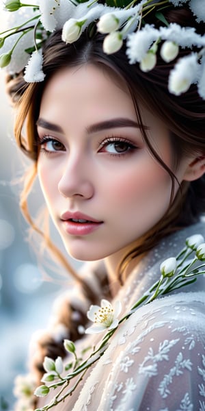 A serene portrait wrapped in delicate frost and white flowers, closeup portrait, high-resolution, soft focus, whispers of mist, and an air of tranquil winter's magic.