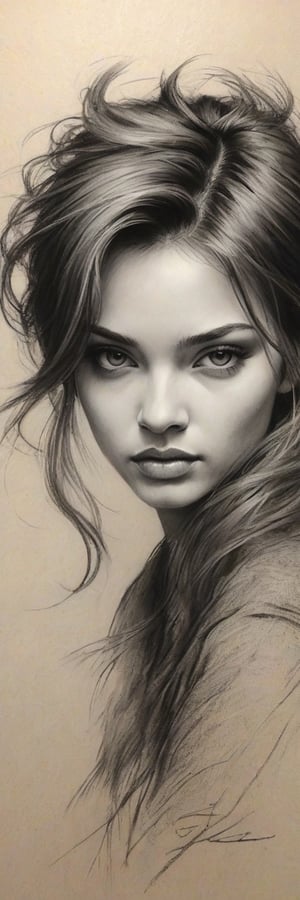 Charcoal Sketch: “A delicate portrait of a beautiful woman with wispy hair and soft features, her gaze captivating as it’s rendered in bold, sweeping strokes of charcoal on textured paper.,artint