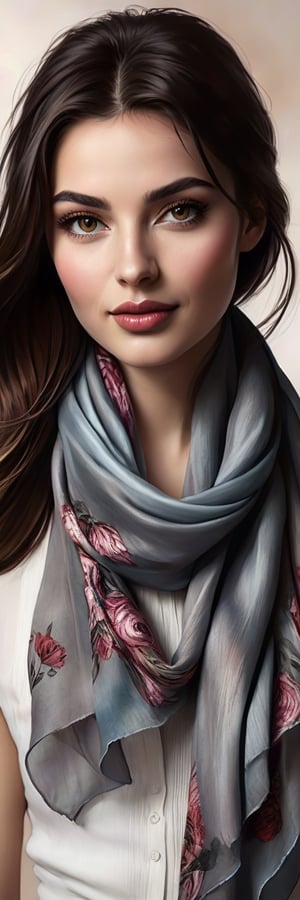 Hyper realistic image of a 25-year-old Mediterranean beauty, her dark chestnut hair flowing freely, adorned with a slender silk scarf. Her deep hazel eyes are highlighted by subtle smoky makeup, and her full, rose-tinted lips part slightly in a whisper of a smile. The portrait captures her in a minimalist style, with bold charcoal lines and splashes of watercolor in earthy tones