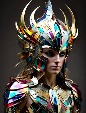 A stunning helm crafted from an array of small, shimmering colorful metal plates, each one reflecting the light in a unique and mesmerizing way,Leonardo style ,bingnvwang