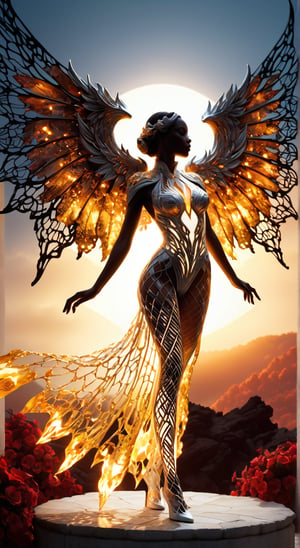 In a garden of fire and crystal, white, stands a breathtakingly beautiful woman. Intricate lattices of molten gold can be seen molded directly into her pearly white skin. This second skin, a blend of grace and brutality, glows with an inner light and reflects the desolate landscape around it. It frames her silhouette in the darkening light. Huge wings of fire, silhouettes, long shadows, beautiful sky, beautiful cape, reflections, black bodysuit,