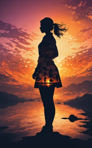 (masterpiece, best quality:1.2), 1girl, solo,standing_split, Silhouette Art of 1girl, multiple exposure, sunset, enhance, intricate, (best quality, masterpiece, Representative work, official art, Professional, unity 8k wallpaper)
