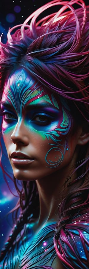 xtraterrastrial ultra brutal cosmic badass, magazine cover photostudio shot, energy, full height, alien planet, Carne Griffiths, Ralph Horsley, facepaint, beautiful hair, beautiful hairstyle, chiaroscuro, cinematic light, rim light, ambient light, neon light, ultra high textured, ultra high quality