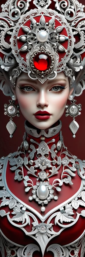 An ornate automaton closeup face, girl 19 yo, baroque embellishments, delicate filigree, silver and crimson accents, high-resolution, regal mechanical complexity, intricate silver textures.