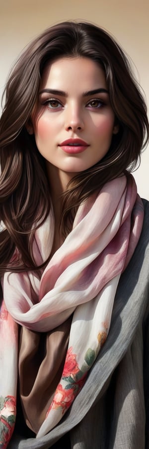 Hyper realistic image of a 25-year-old Mediterranean beauty, her dark chestnut hair flowing freely, adorned with a slender silk scarf. Her deep hazel eyes are highlighted by subtle smoky makeup, and her full, rose-tinted lips part slightly in a whisper of a smile. The portrait captures her in a minimalist style, with bold charcoal lines and splashes of watercolor in earthy tones