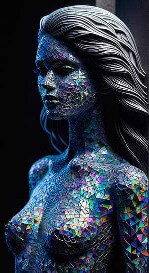 TranslucentGeometry, woman, flowing hair and skin resembling shattered black glass interwoven with geometric patterns, reflecting a complex interplay of colorful abstract and real elements of her surroundings. This stark, monochromatic palette is enriched with bursts of iridescent colors—vivid blues, purples, and greens—that highlight her introspective and poignant expression. Beneath her translucent skin, the skeletal structures incorporate geometric forms, adding an intricate layer of design and delving into themes of identity and self-perception. Rendered in 4K 3D, the focus is on the dark, fragmented texture intertwined with precise geometric lines and dramatic lighting that casts deep, structured shadows interplayed with colorful light reflections, creating an enigmatic and intense atmosphere. Integrate elements of fine white and silver particles forming crystalline shapes across her body, with light and shadows dynamically interacting within the geometrically fragmented form. Artistic motifs include a swirling vortex with angular edges, cosmic waves rendered in sapphire tones with vector-style graphics, and ethereal Yarn DNA structures resembling a sequence of interconnected polygons against a backdrop of a stark, minimalist white wall. Above her, the sky melds surreal cracks with a structured, grid-like pattern, illuminated by a twilight sunset that casts a spectrum of chromatic hues, enhancing the blend of surrealism and structured reality.