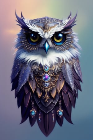 Cute and adorable fantasy owl, Bird-of-Paradise, sparrow, full body, shiny metallic jeweled depth, glowing smoke neon eyes, hoarfrost metal lace, fantasy, sunlight, sunbeam, intricate detail. 8k, dreamlike, surrealism, super cute, symmetrical, soft lighting, trending on artstation, intricate details, highly detailed, unreal engine,  heavy strokes, paint dripping